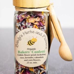 Organic edible flower confetti in jar.