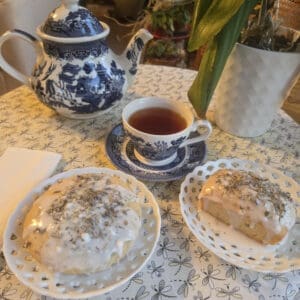 Lavender cakes, tea, and teapot.