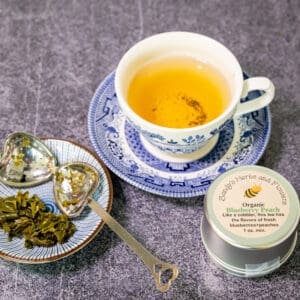 Organic Blueberry Peach tea in cup.